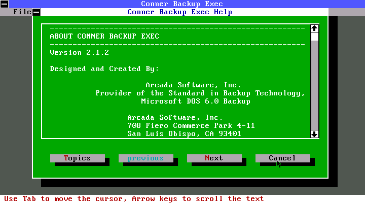 Conner Backup Exec for DOS 2.1.2 - About